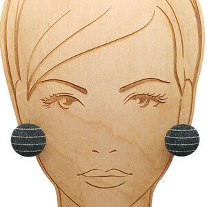 Vintage Black & Silver Striped Round Velvet Button Stud Earrings